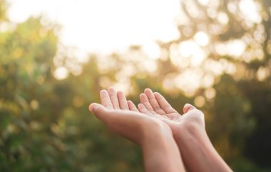 Woman,hands,place,together,like,praying,in,front,of,nature