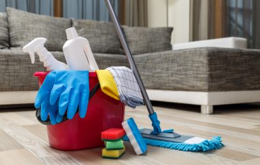 Cleaning,service.,bucket,with,sponges,,chemicals,bottles,and,mopping,stick.