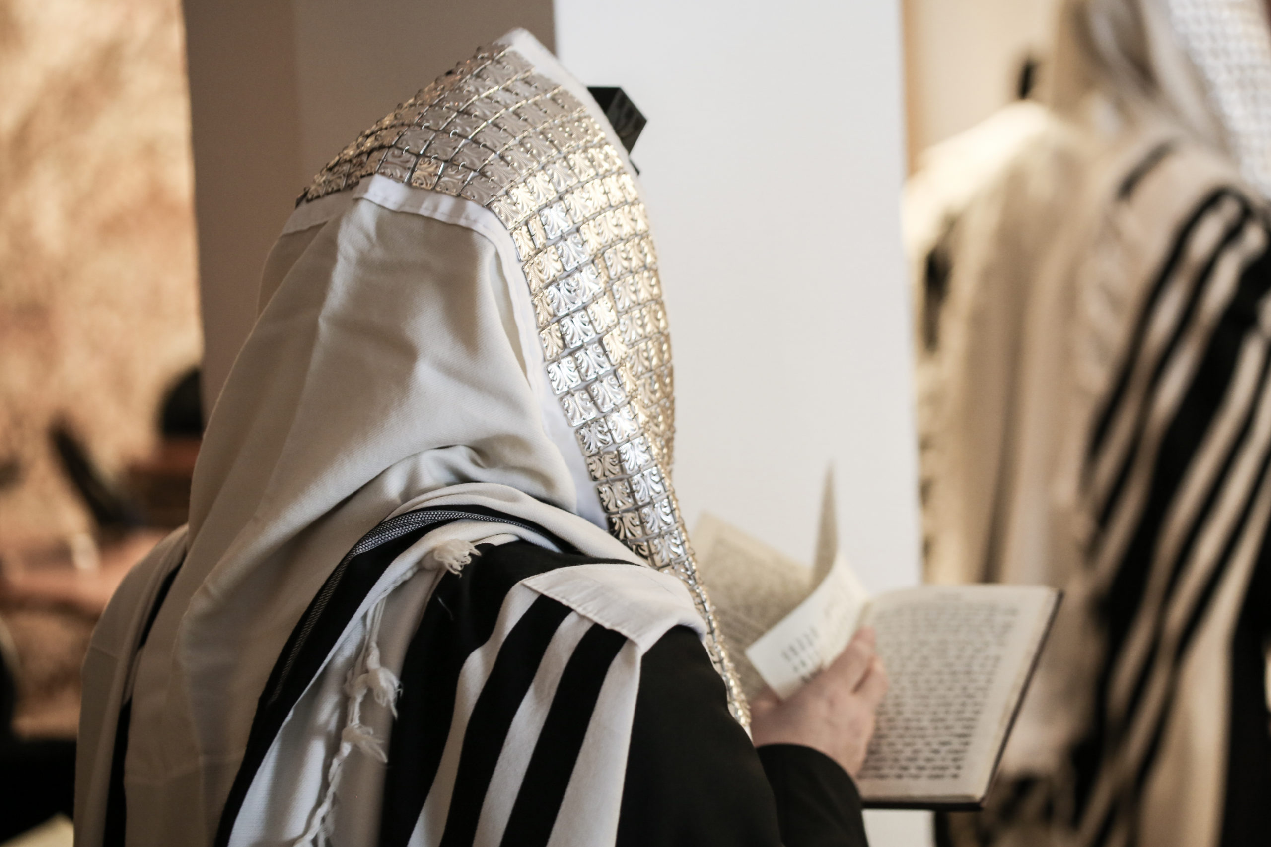 Jewish,orthodox,man,wrapped,in,prayer,shawl,from,a,side