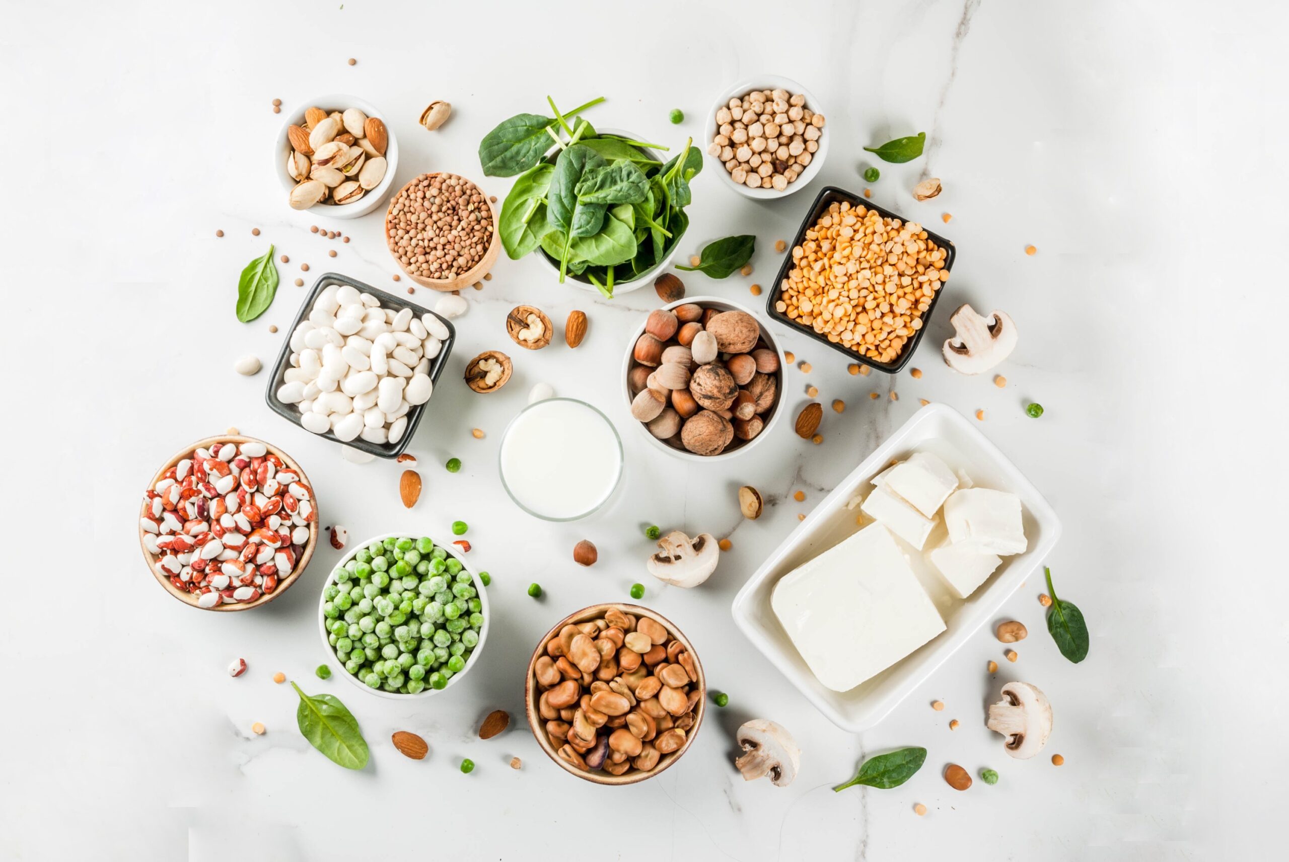 Healthy diet vegan food, veggie protein sources: Tofu, vegan milk, beans, lentils, nuts, soy milk, spinach and seeds. Top view on white table.
