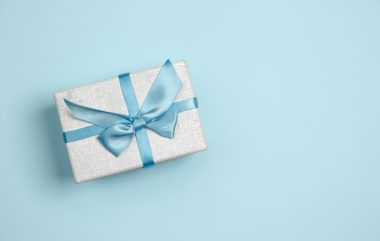 Gift, present box. Monochrome stylish and trendy composition in blue color on studio background. Top view, flat lay. Pure beauty of usual things around. Copyspace for ad. Holiday, celebration.
